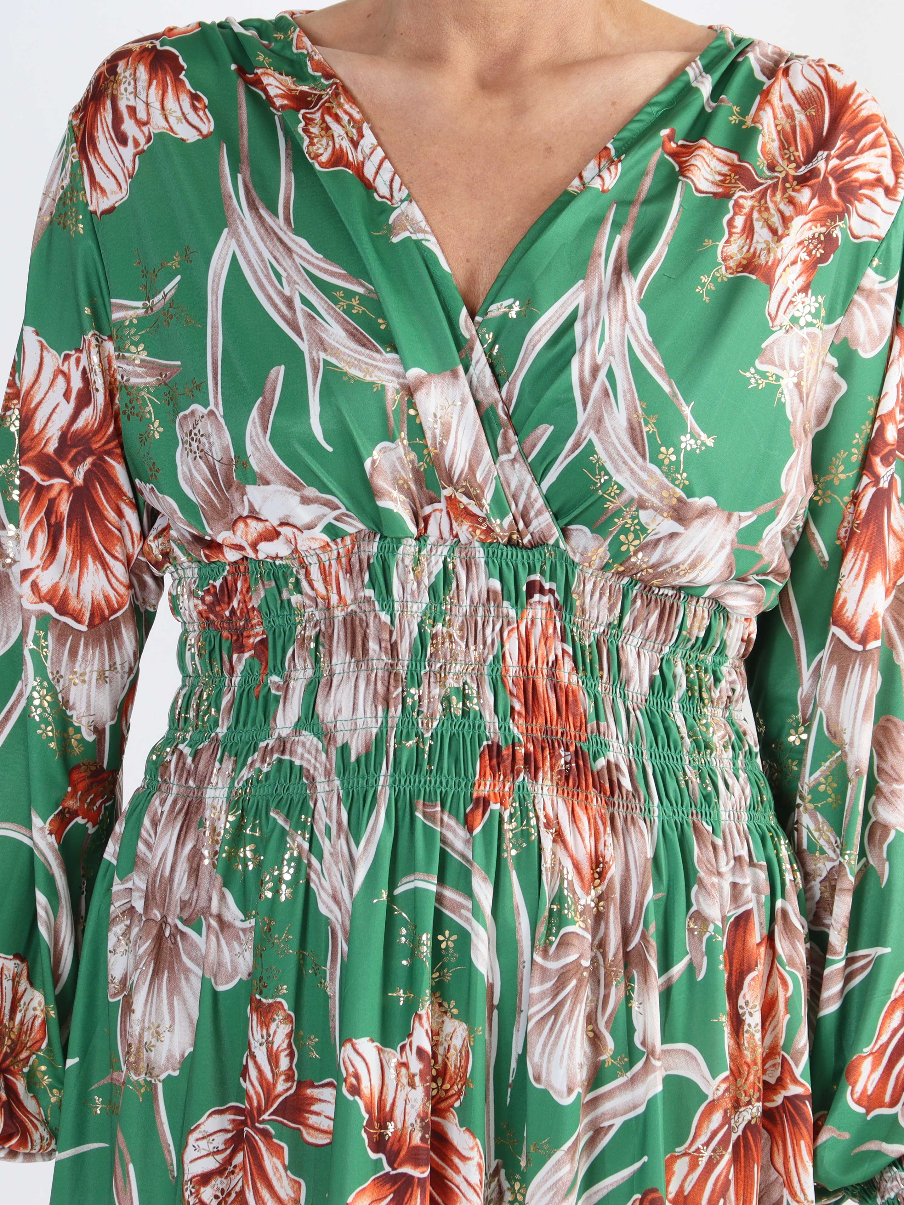 Pams Flower Short L/S - Elastisk mönstrad plus size-klänning i skrynkelfritt tyg - Navy